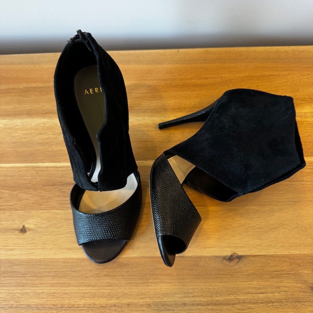 AERIN Women 7 Black Suede Textured Leather Peep Toe Stiletto‎ Shootie Heels Chic